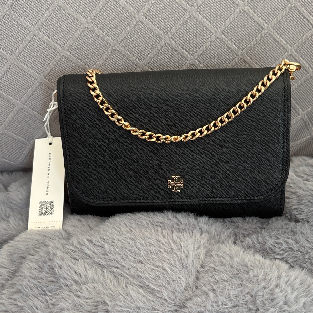 Tory Burch Black and Gold Leather Crossbody Clutch Chain Wallet